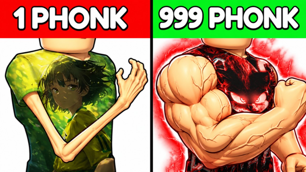 Official +1 Phonk Evolution split art showing a weak 1 Phonk avatar versus a jacked 999 Phonk evolution